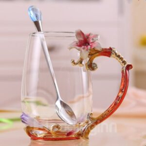 Creative Handmade Enamels Lily Pattern Glass with a Spoon Tea Cup
