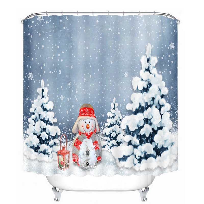 Lovely Snowman Standing near the Pine Printing Christmas Theme 3D Shower Curtain - Image 3