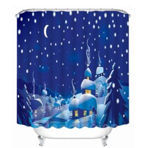 Cartoon Santa House Peaceful Winter Night of the Village Printing Christmas Theme 3D Shower Curtain