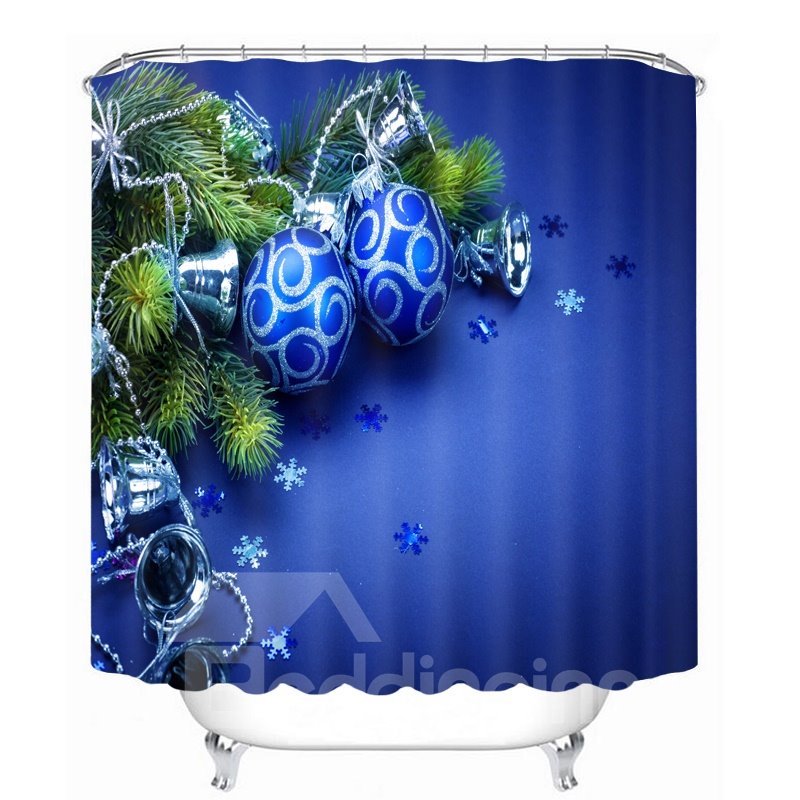Blue Christmas Balls and Bells Printing Bathroom 3D Shower Curtain - Image 2