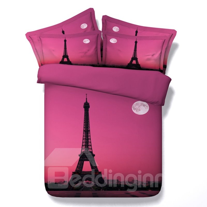 Paris Eiffel Tower and the Moon Printed Polyester 3D 4-Piece Pink Bedding Sets - Image 6