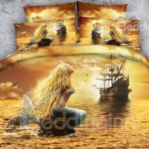 3D Ocean Ghost Ship and Mermaid Print Bedding Set Yellow 4-Piece Duvet Cover Set Soft No-fading Polyester