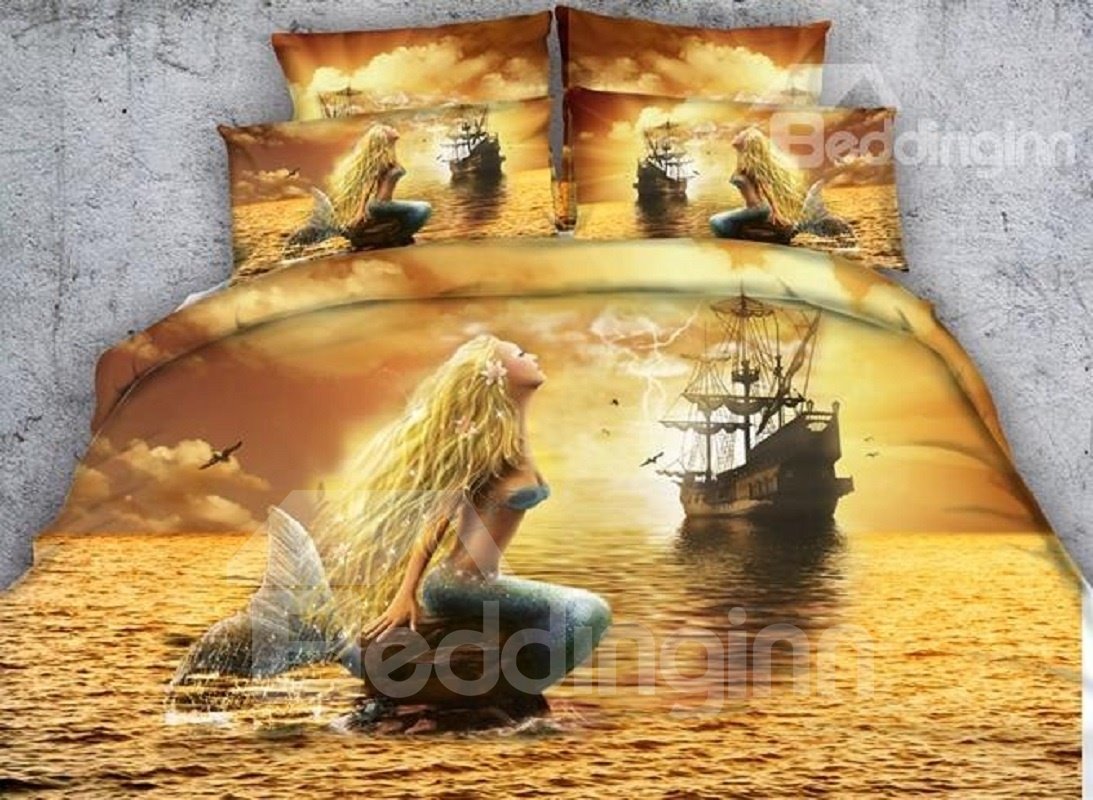 3D Ocean Ghost Ship and Mermaid Print Bedding Set Yellow 4-Piece Duvet Cover Set Soft No-fading Polyester - Image 5