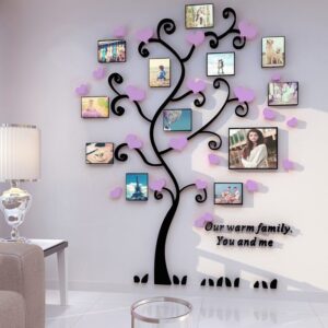 Tree Photo Frames with Purple Heart Shapes Acrylic 3D Wall Stickers