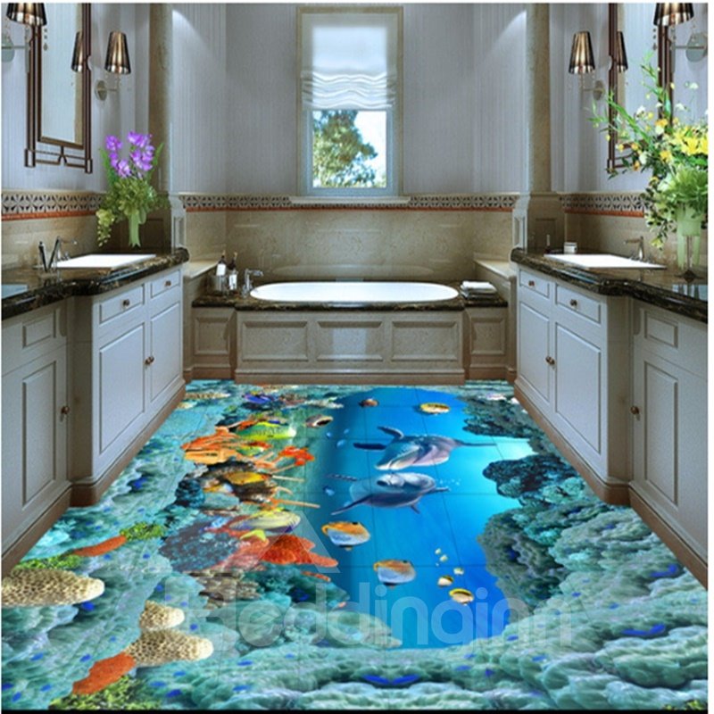 Dolphins and Corals of Ocean Waterproof Splicing 3D Floor Murals