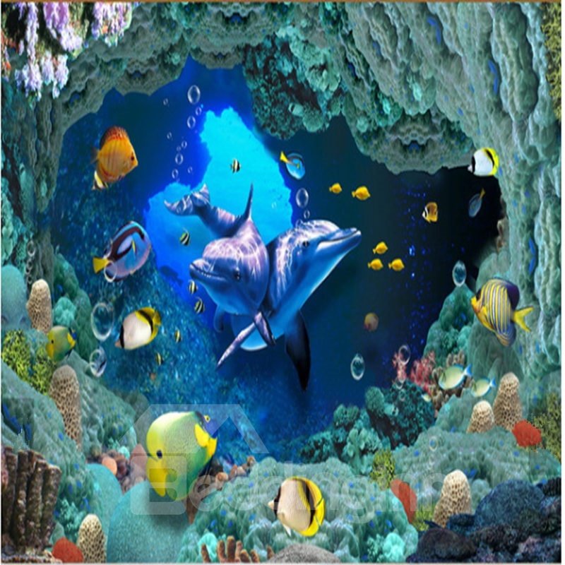 Cute Dolphins and Fishes under the Sea Pattern Healthy Splicing Waterproof 3D Floor Murals - Image 2
