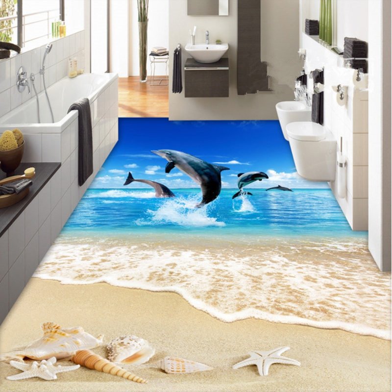 Comtemporary Design Jumping Dolphins Sea Scenery Pattern Splicing 3D Floor Murals - Image 6