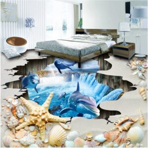 Amazing Dolphins in a Broken Hole Waterfall Background Splicing Waterproof 3D Floor Murals