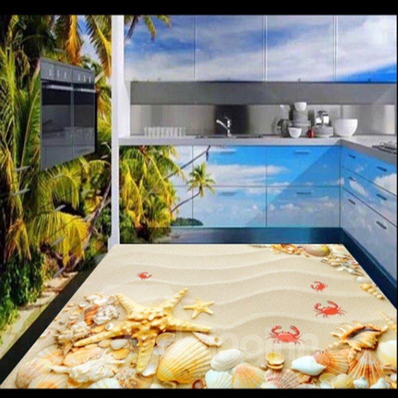 Leisurely Seashells and Starfishes on the Beach Splicing Waterproof 3D Floor Murals