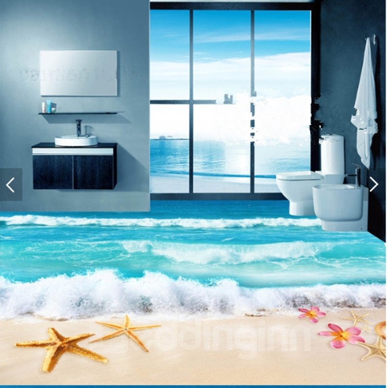 Starfish Flower and Shell on Beach Pattern Non-slip and Waterproof 3D Floor Murals