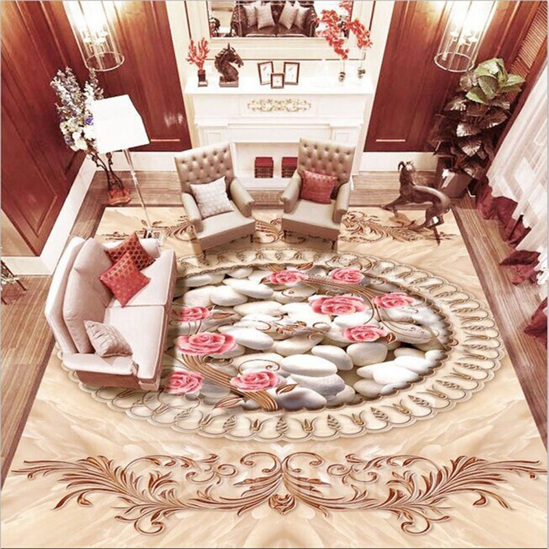 Elegant Pink Flower and White Pebbles Pattern Home Decorative Waterproof 3D Floor Murals