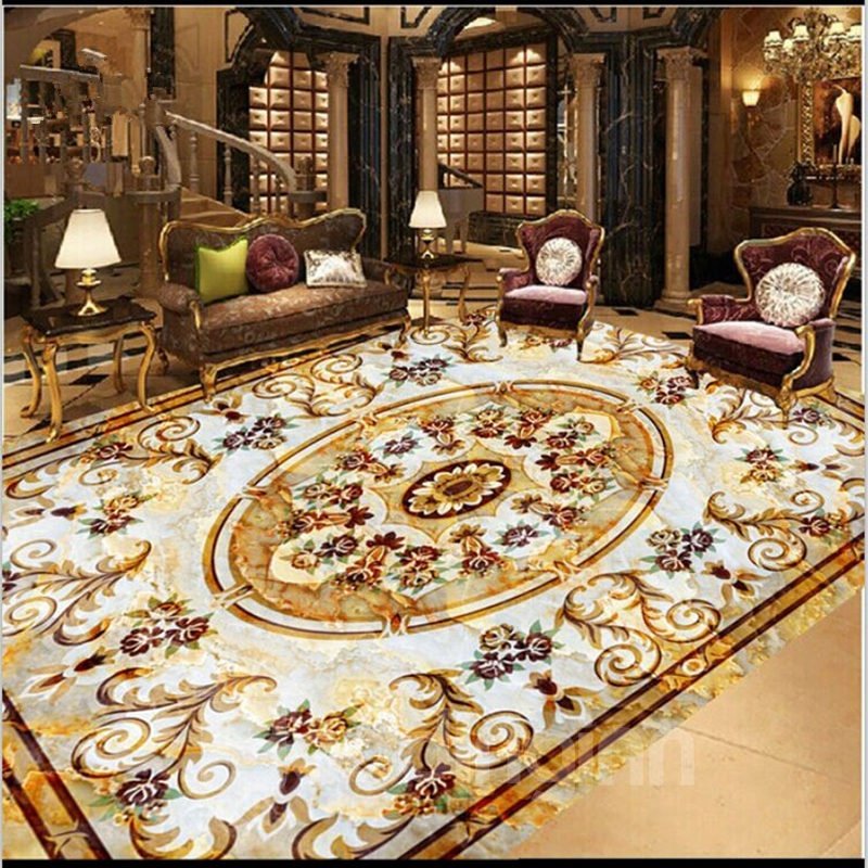 Golden Floral Prints Luxurious Splicing 3D White Waterproof Floor/Ceiling Murals