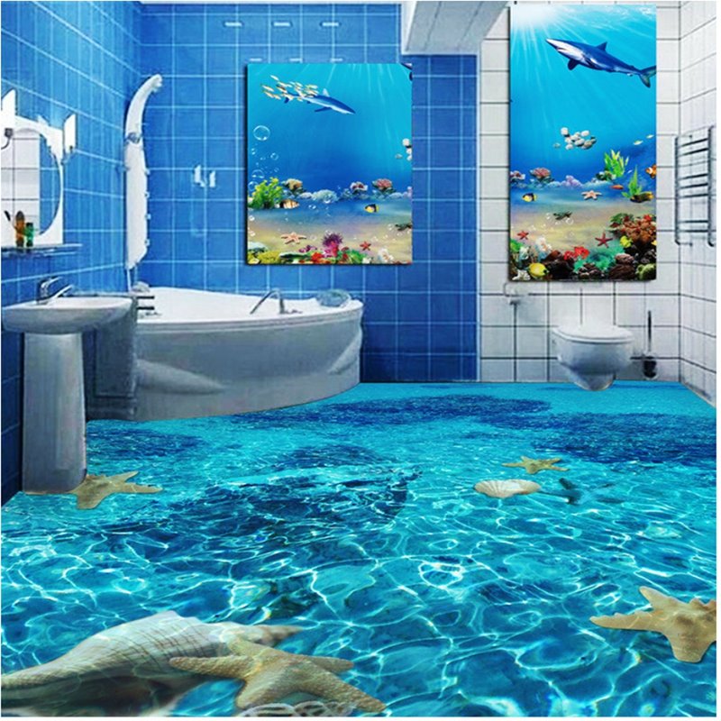 Blue Sea Containing Shell Conch and Starfish Nonslip and Waterproof 3D Floor Murals - Image 4