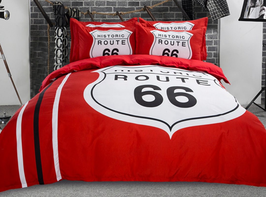 Popular Route 66 Print Red 4-Piece Polyester Duvet Cover Sets - Image 3