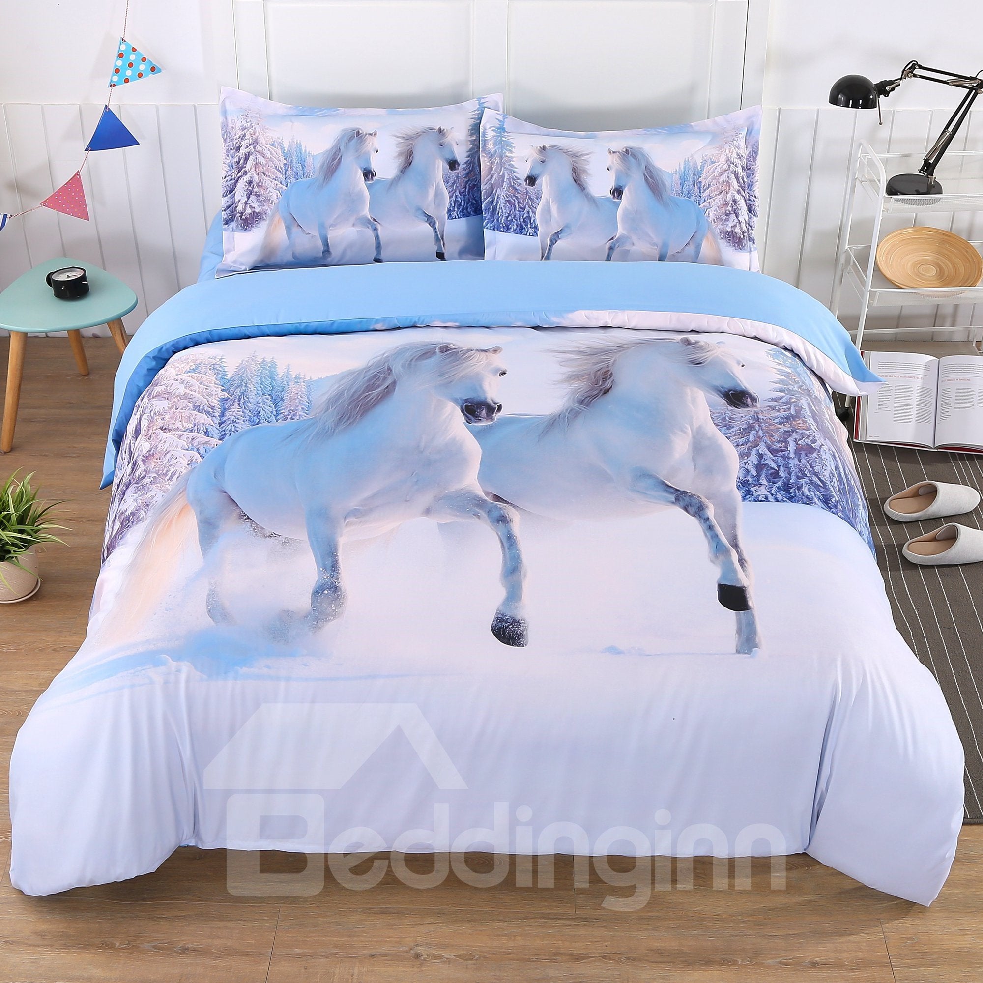 3D White Snow Horse Printing 5-Piece Comforter Set/Bedding Set Wear-resistant Endurable Skin-friendly All-Season Twin Full Queen King - Image 4