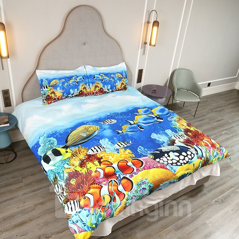 3D Colorful Sea Fish Printed 5-Piece Comforter Set/Bedding Set Soft Skin-friendly Polyester Blue - Image 2