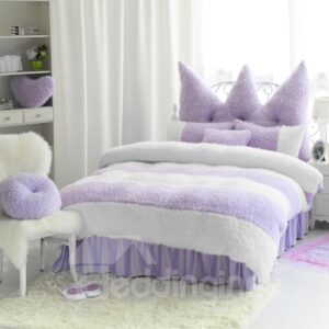 Noble Purple and White Color Block 4-Piece Velvet Fluffy Bedding Set/Duvet Cover