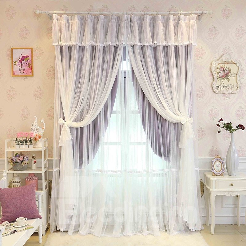 Princess Style Purple Sheer and Cloth Sewing Together Blackout Custom Curtain - Image 3