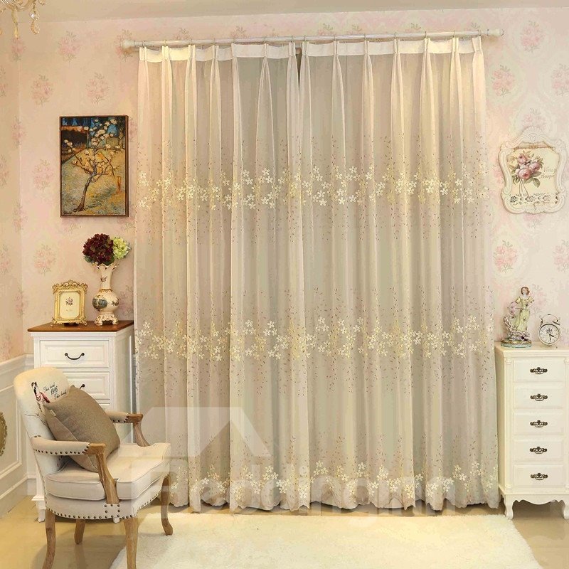 Rustic Floral Embroidery Sheer and Beige Cloth Sewing Together Curtain Sets - Image 16