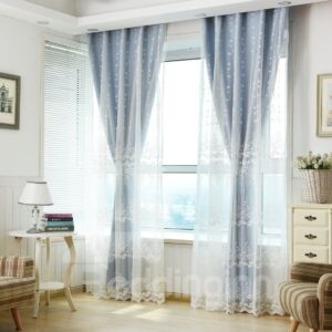 Sweet White Leaf Embroidery Sheer and Blue Cloth Sewing Together Curtain Sets