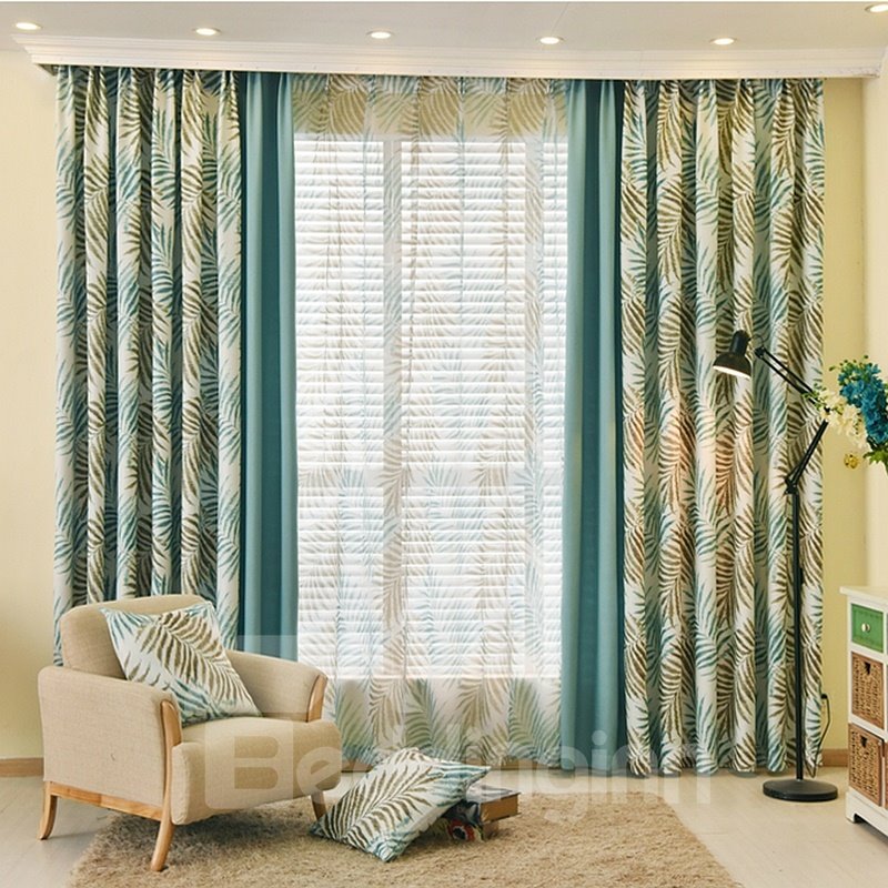 Country Style Blue Leaf and Solid Cloth Splicing Custom Curtain - Image 8