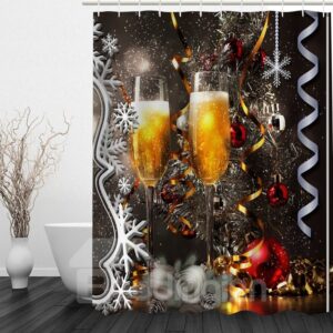 Stemware full of Champagne Printing Christmas Theme Bathroom 3D Shower Curtain