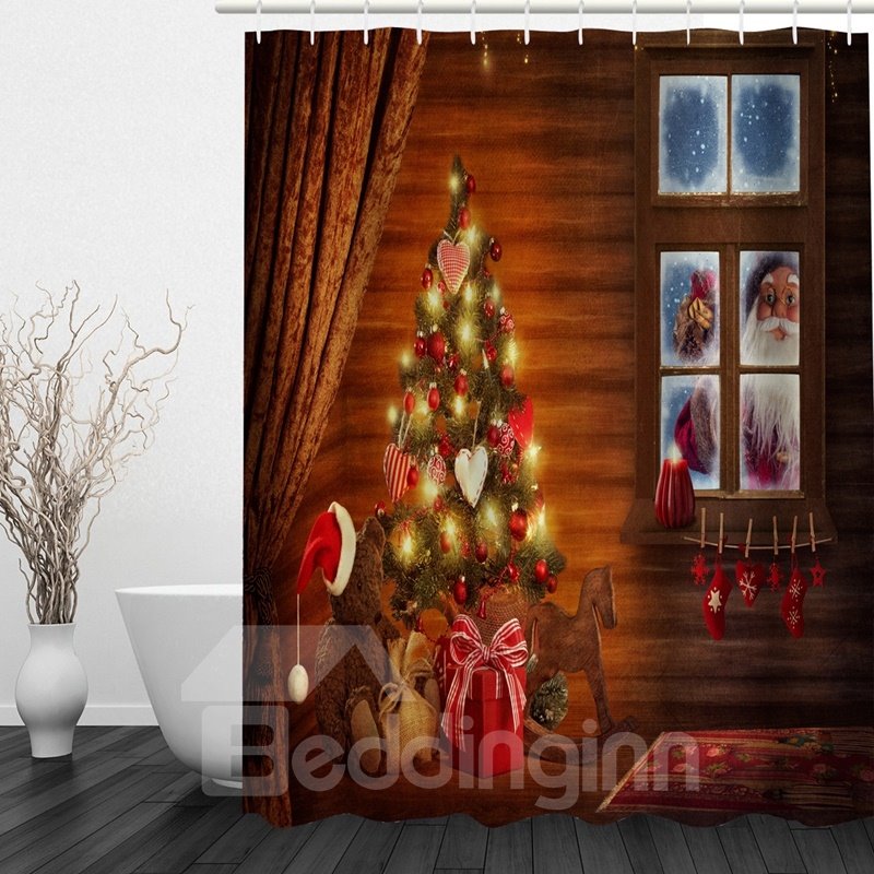 Santa outside the Warm House Printing Christmas Theme Bathroom 3D Shower Curtain - Image 3