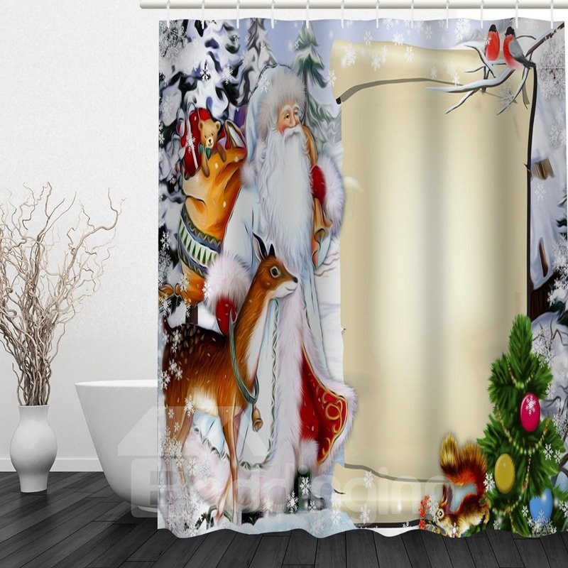 Cartoon Santa and Animals Printing Christmas Theme Bathroom 3D Shower Curtain - Image 2