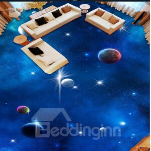 Blue Simple Style Planets in Galaxy Print Waterproof Splicing 3D Floor Murals