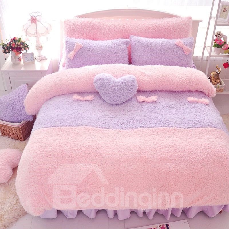 Sweet Pink and Purple Color Block 4-Piece Velvet Duvet Cover Set - Image 2