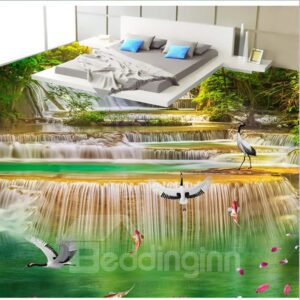 White Cranes Playing in the Stream Scenery Print Waterproof 3D Floor Murals