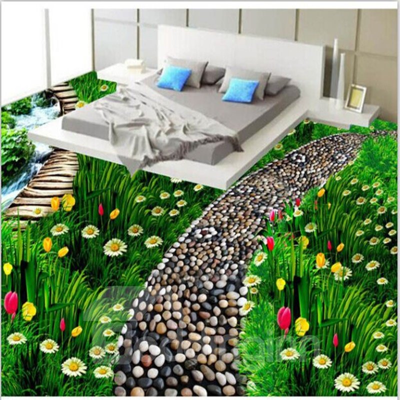 Stunning Green Grasscluster with Beautiful Flowers Pattern Waterproof 3D Floor Murals - Image 4