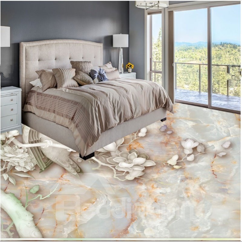 European Style Simple Parrot Standing on the Flower Print Nonslip and Waterproof 3D Floor Murals