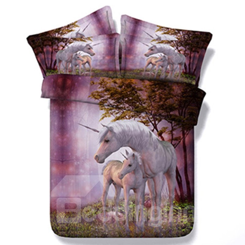 3D Pink Unicorn Print Bedding Set 5-Piece Comforter Set Polyester - Image 2