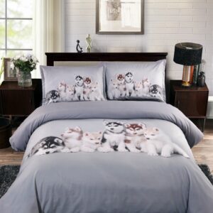 3D Husky Puppies Digital Printing 5-Piece Lightweight Warm Zipper Comforter Set with White Down Quilt for Spring and Summer