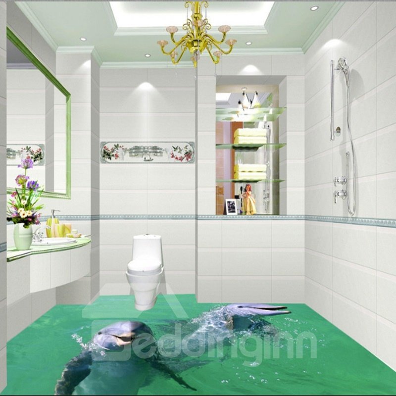 Simple Style Two Cute Dolphins Playing in the Water Print Waterproof 3D Floor Murals
