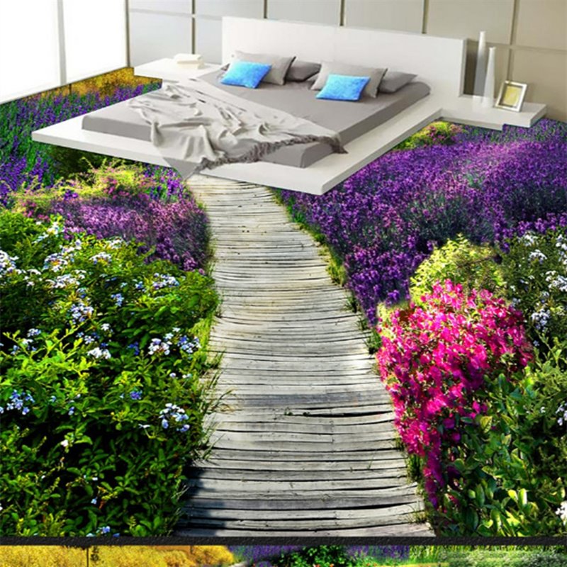 Beautiful Wooden Path Through the Lavender Field Print Countryside Waterproof Splicing 3D Floor Murals - Image 6