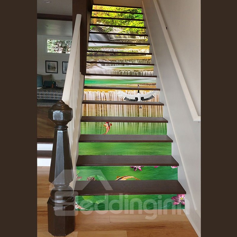 White Cranes Playing in the Stream Scenery Print Waterproof 3D Stair Step Stickers