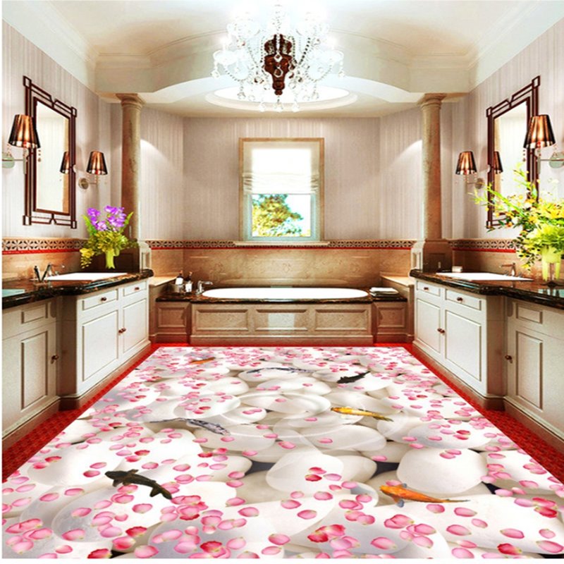 Amusing Romantic Pink Flower Petals and Fishes in the Water Waterproof 3D Floor Murals