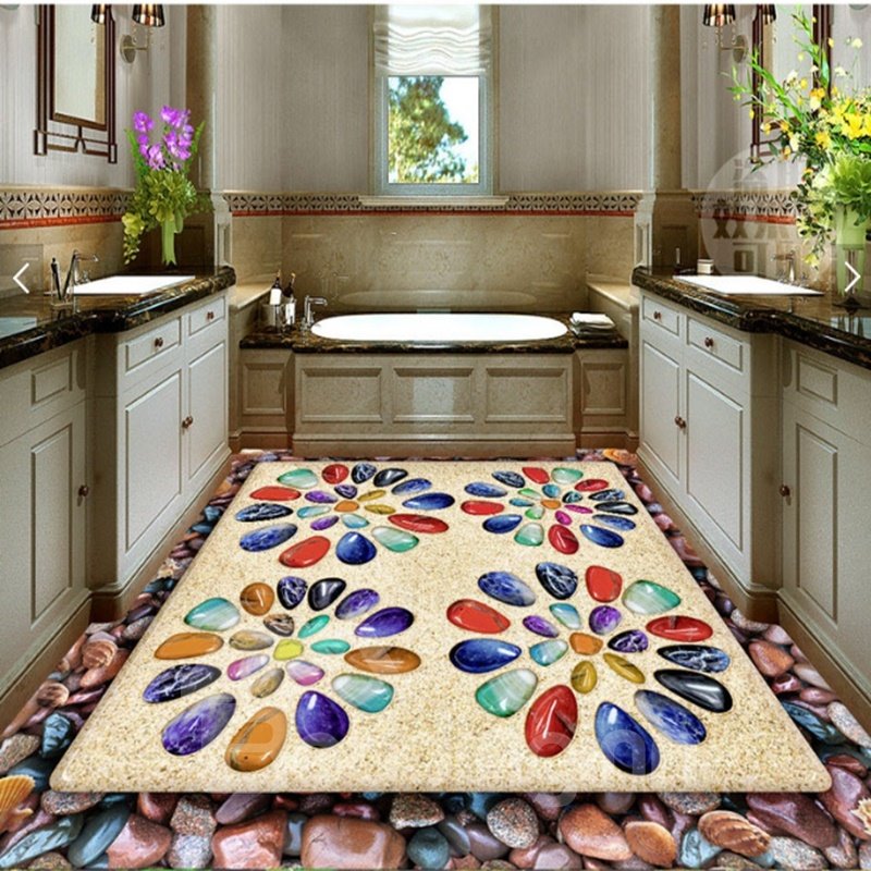 Colorful Pebbles Flower Pattern Decorative Waterproof Splicing 3D Floor Murals