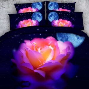 3D Blooming Pink Rose and Moon Printed 5-Piece Comforter Set / Bedding Set