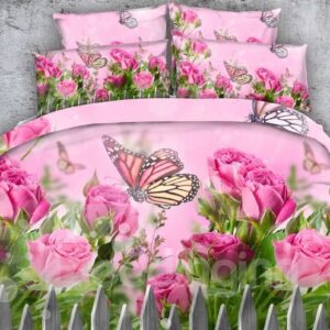 3D Adorable Pink Rose and Butterfly Print 5-Piece Comforter Set / Bedding Set