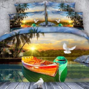 3D White Pigeon and Colorized Boat Printed 4-Piece Bedding Set/Duvet Cover Set Polyester