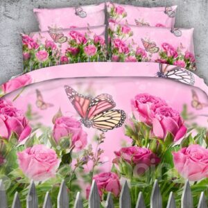 Butterfly and Pink Roses Printed Polyester 4-Piece 3D Bedding Sets/Duvet Covers