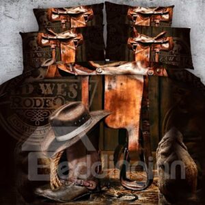 Retro Style Cowboy Hat and Boots Print 5-Piece Comforter Set / Bedding Set