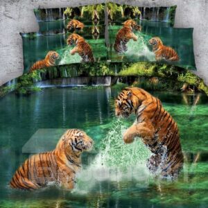 Two Tigers Playing in Water Printed 4-Piece 3D Green Bedding Sets/Duvet Covers Polyester
