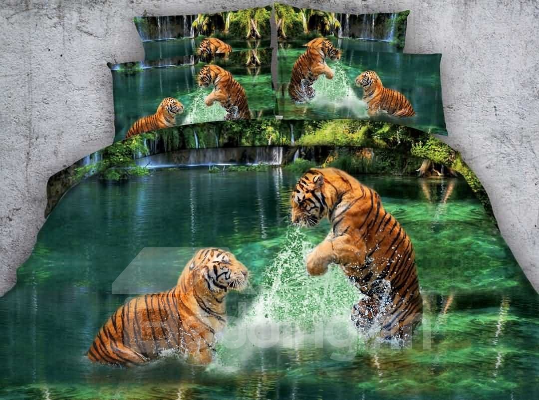 Two Tigers Playing in Water Printed 4-Piece 3D Green Bedding Sets/Duvet Covers Polyester - Image 5