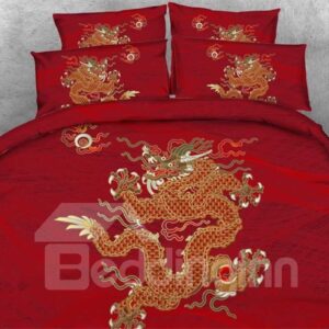 Oriental Golden Dragon Printed 4-Piece 3D Red Bedding Set/Duvet Cover Sets Soft Polyester