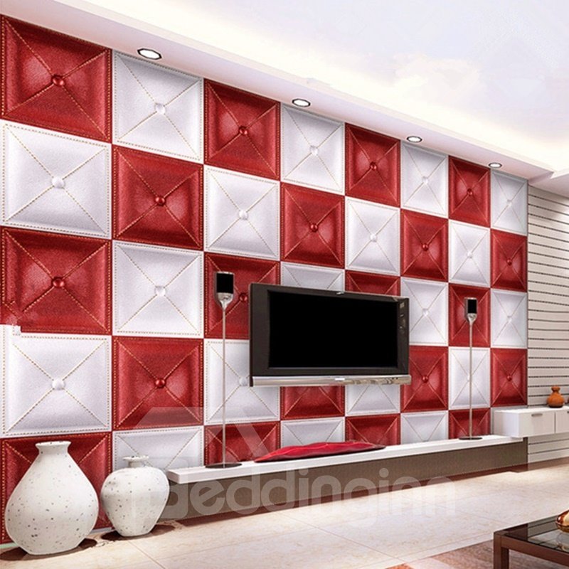 Gorgeous Decorative White and Red Three-dimensional Plaid Pattern Wall Murals - Image 2