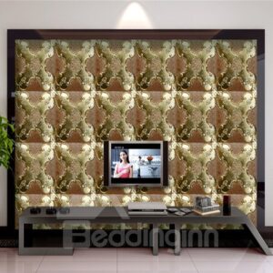Brown Background with Golden Flowers Plaid Pattern TV/Sofa Background 3D Wall Murals